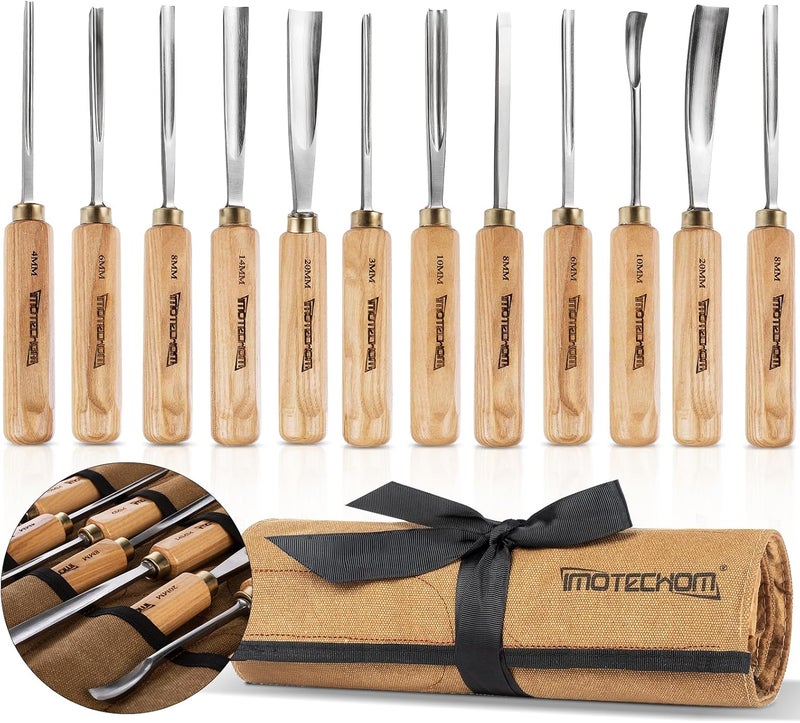 IMOTECHOM 12-Pieces Woodworking Wood Carving Tools Chisel Set with Canvas Bag, Razor Sharp CR-V 60 Steel Blades - Image 1